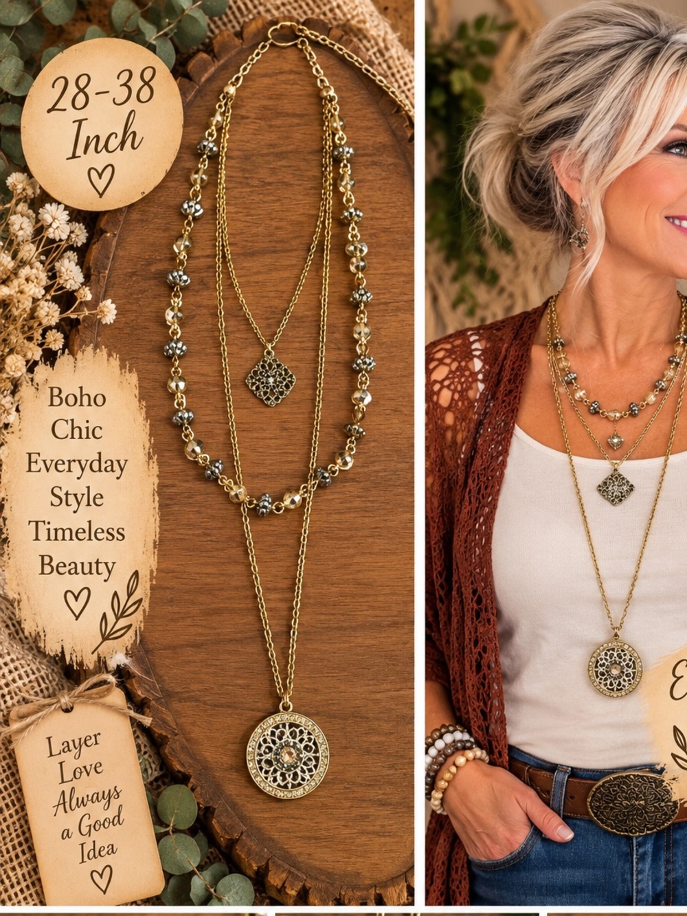 Gold Layered Boho Pendant Necklace - Women's Jewelry